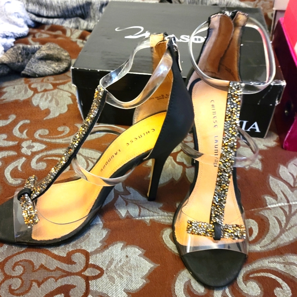 Black and Gold jeweled semi-formal heels by Chinese Laundry heel ht. 3.5 inches
